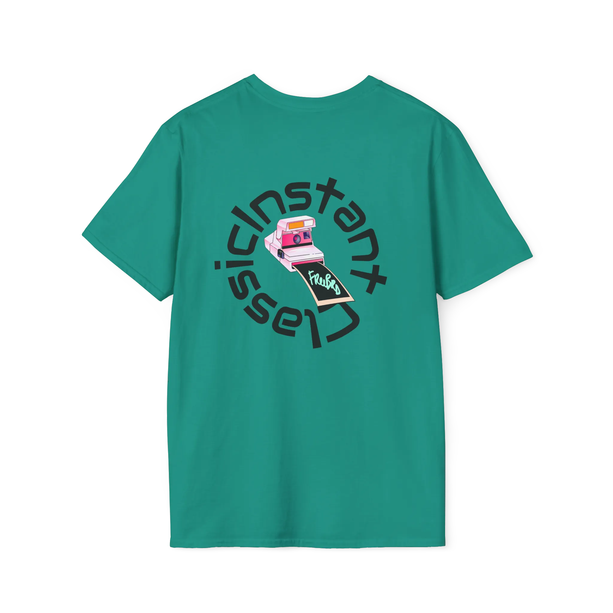 A jade dome t-shirt featuring a retro pink polaroid camera with a Freebrd photo print and 'Instant Classic' circular wrap text graphic on the back.