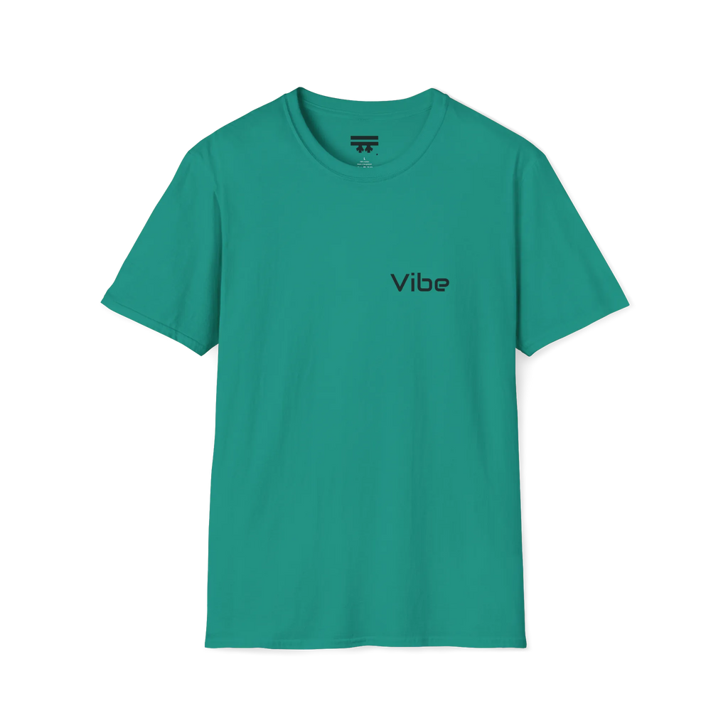 A jade dome t-shirt with a dark 'Vibe' wordmark on the left chest and a black FREEBRD logo on the inner neck label.
