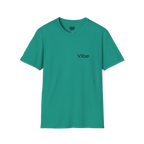 A jade dome t-shirt with a dark 'Vibe' wordmark on the left chest and a black FREEBRD logo on the inner neck label.