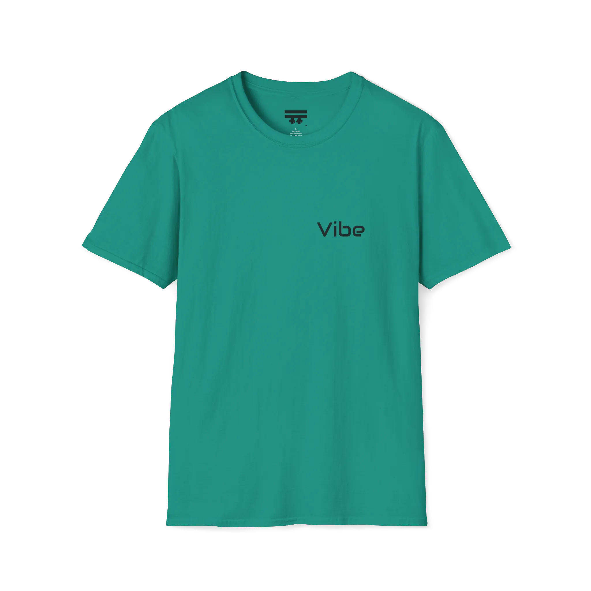 A jade dome t-shirt with a dark 'Vibe' wordmark on the left chest and a black FREEBRD logo on the inner neck label.