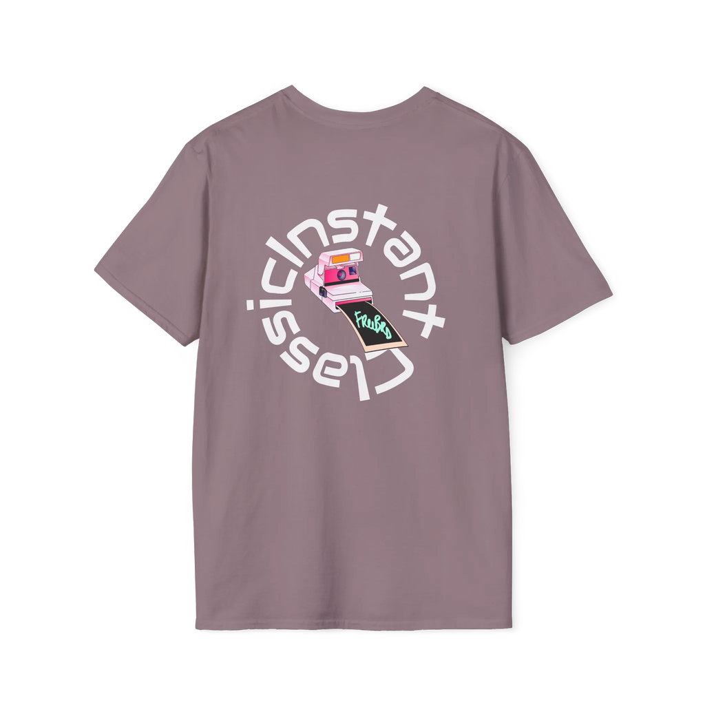 A paragon t-shirt featuring a retro pink polaroid camera with a Freebrd photo print and 'Instant Classic' circular wrap text graphic on the back.