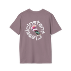 A paragon t-shirt featuring a retro pink polaroid camera with a Freebrd photo print and 'Instant Classic' circular wrap text graphic on the back.