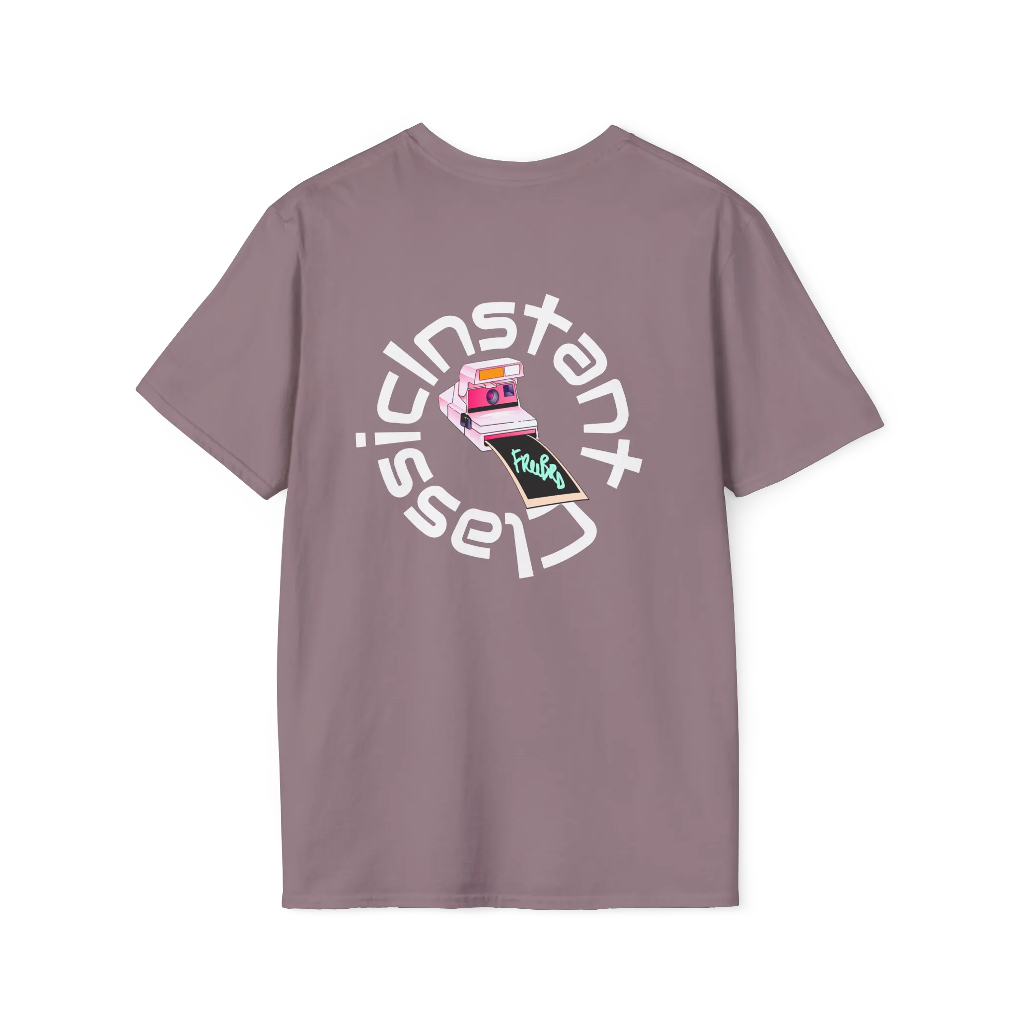 A paragon t-shirt featuring a retro pink polaroid camera with a Freebrd photo print and 'Instant Classic' circular wrap text graphic on the back.