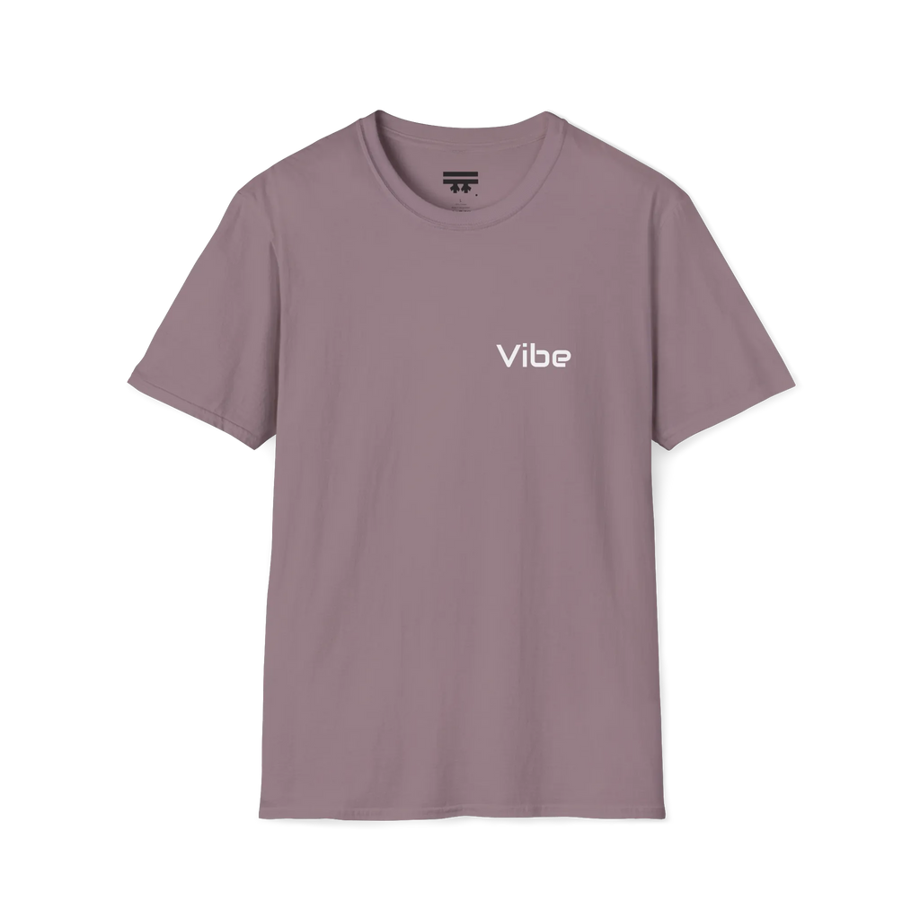 A paragon t-shirt with the white text 'Vibe' wordmark on the left chest and a black FREEBRD logo on the inner neck label.