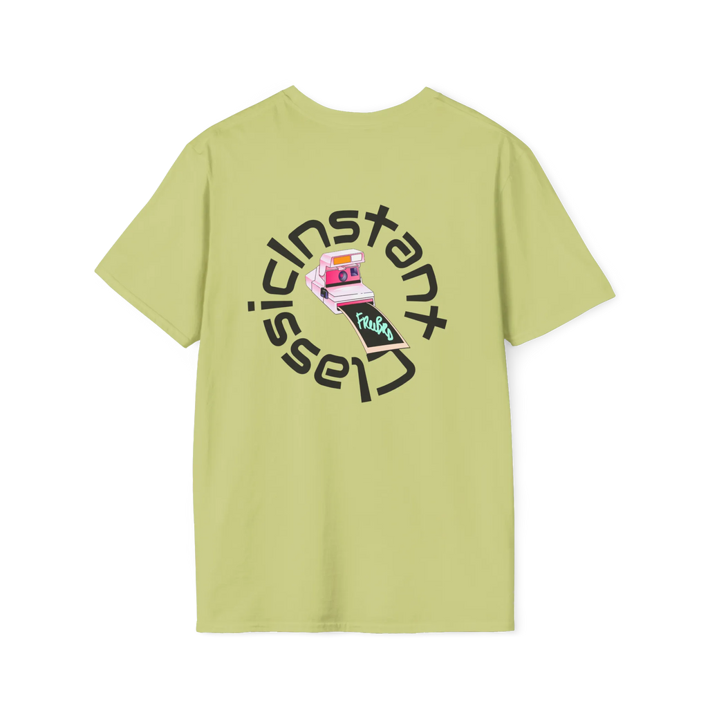 A pistachio t-shirt featuring a retro pink polaroid camera with a Freebrd photo print and 'Instant Classic' circular wrap text graphic on the back.