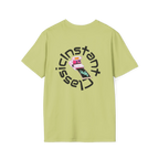 A pistachio t-shirt featuring a retro pink polaroid camera with a Freebrd photo print and 'Instant Classic' circular wrap text graphic on the back.
