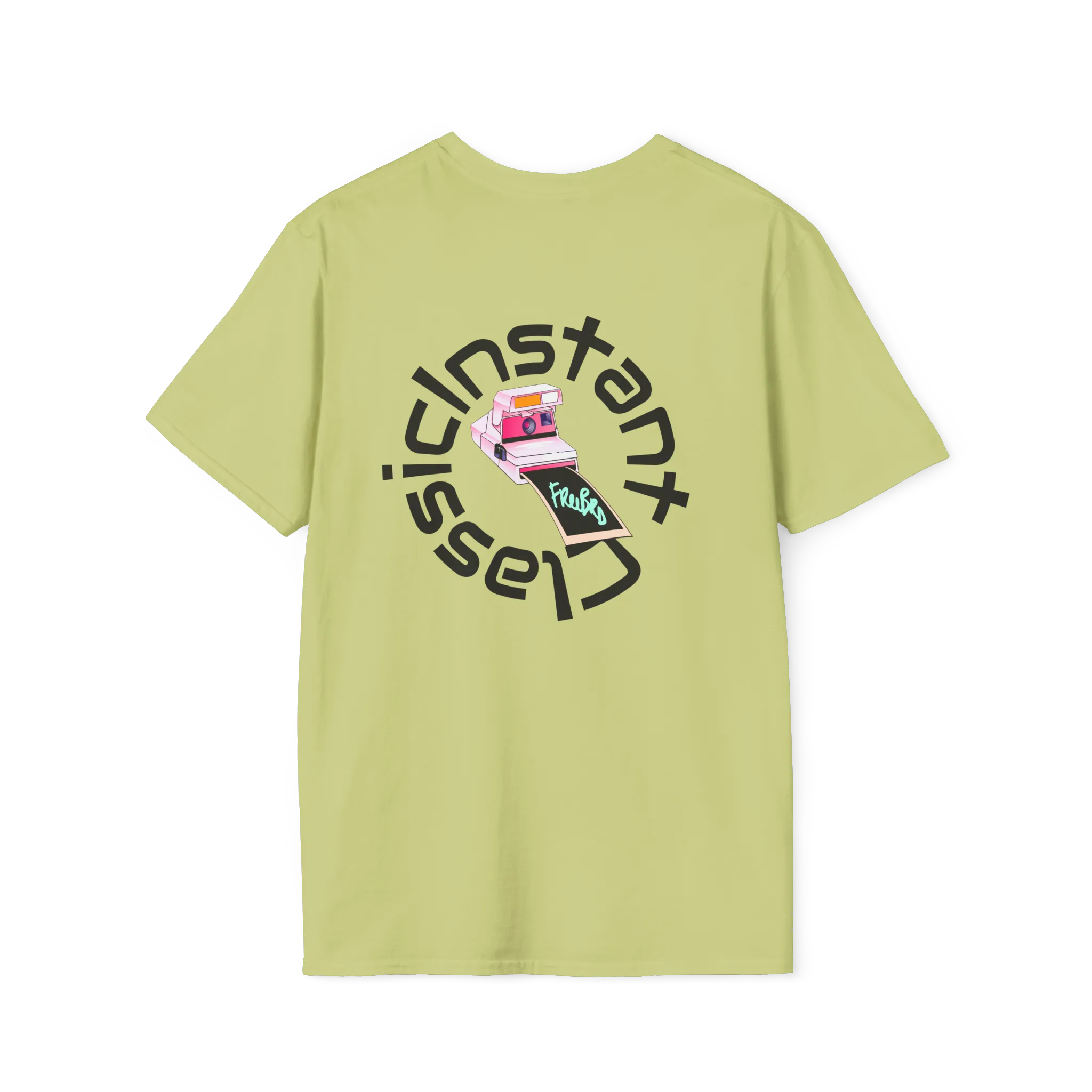 A pistachio t-shirt featuring a retro pink polaroid camera with a Freebrd photo print and 'Instant Classic' circular wrap text graphic on the back.