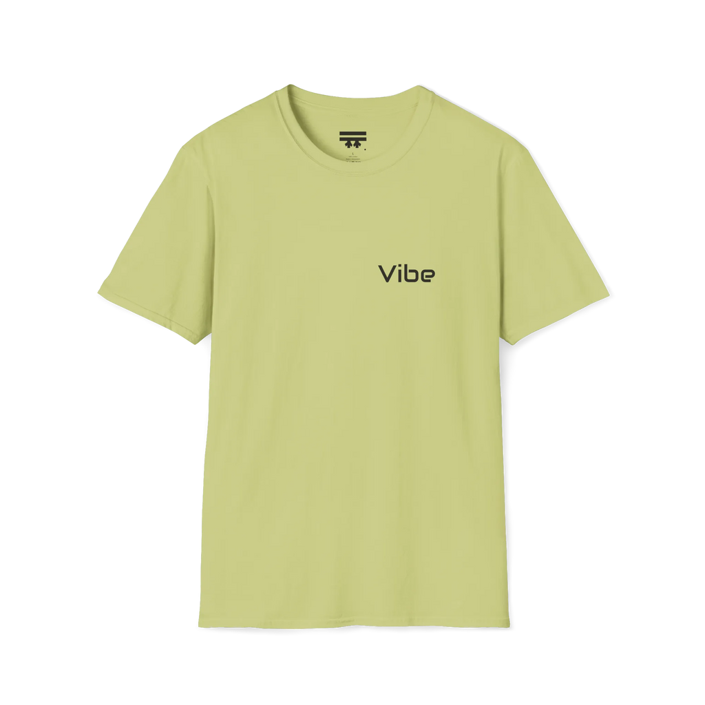 A pistachio green t-shirt with a dark 'Vibe' wordmark on the left chest and a black FREEBRD logo on the  inner neck label.