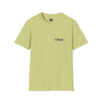 A pistachio green t-shirt with a dark 'Vibe' wordmark on the left chest and a black FREEBRD logo on the  inner neck label.