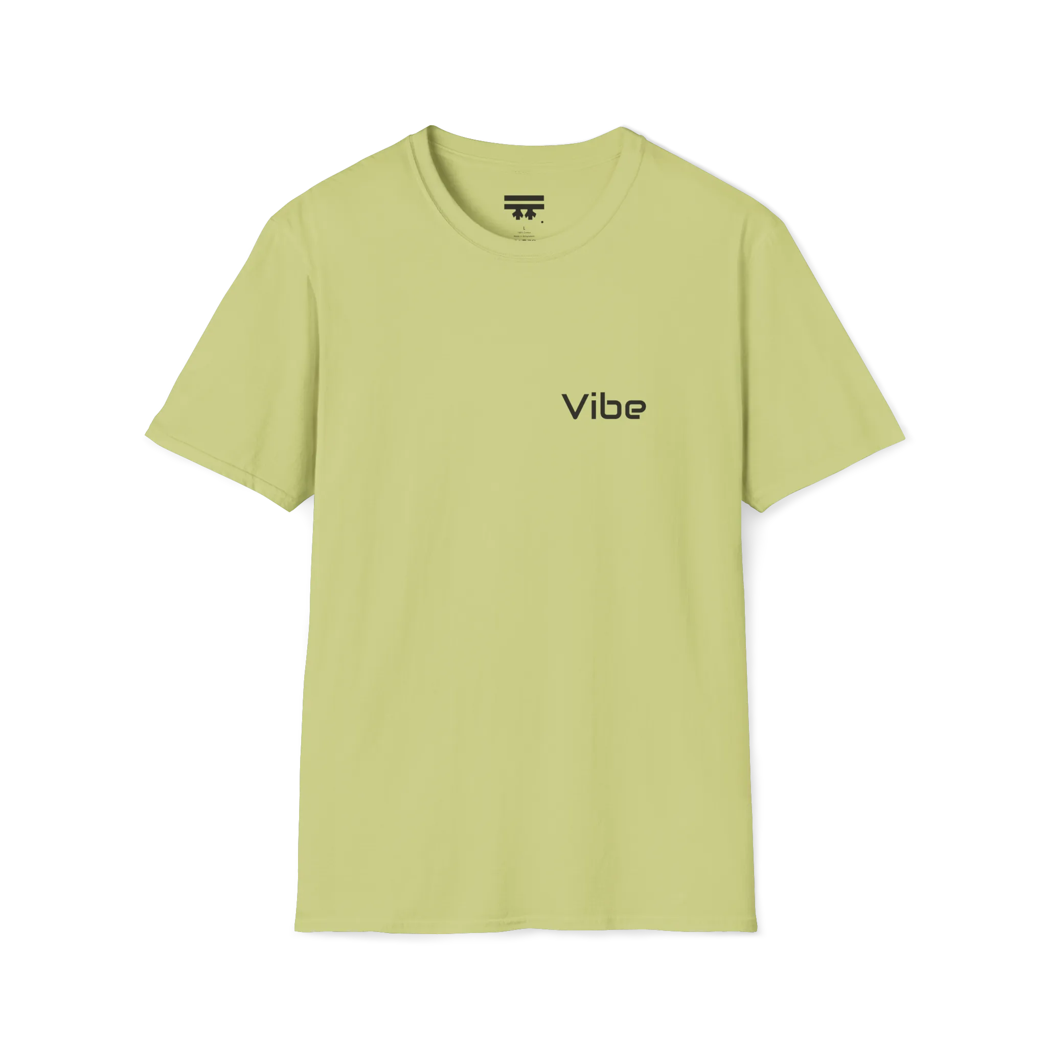 A pistachio green t-shirt with a dark 'Vibe' wordmark on the left chest and a black FREEBRD logo on the  inner neck label.