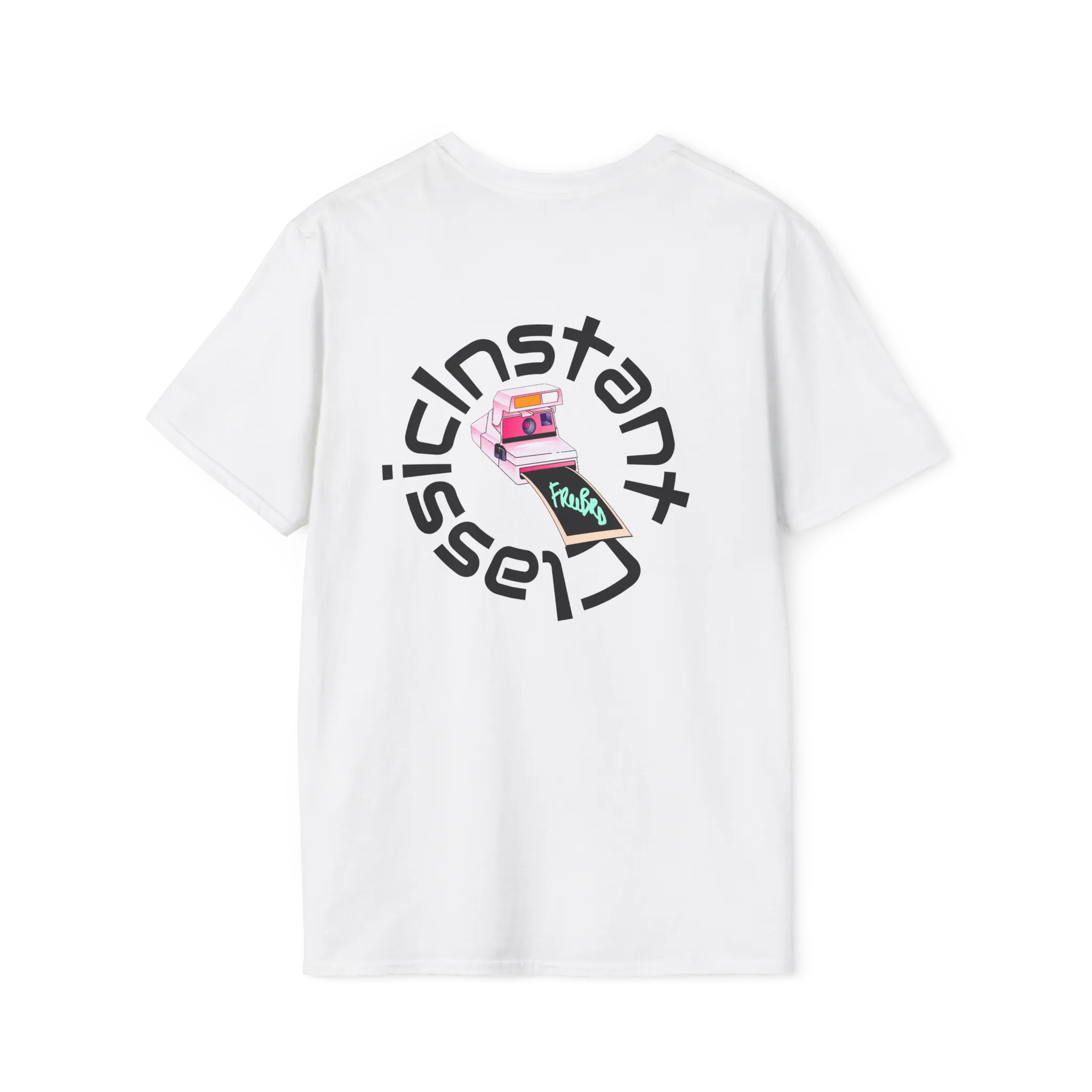 A white t-shirt featuring a retro pink polaroid camera with a Freebrd photo print and 'Instant Classic' circular wrap text graphic on the back.