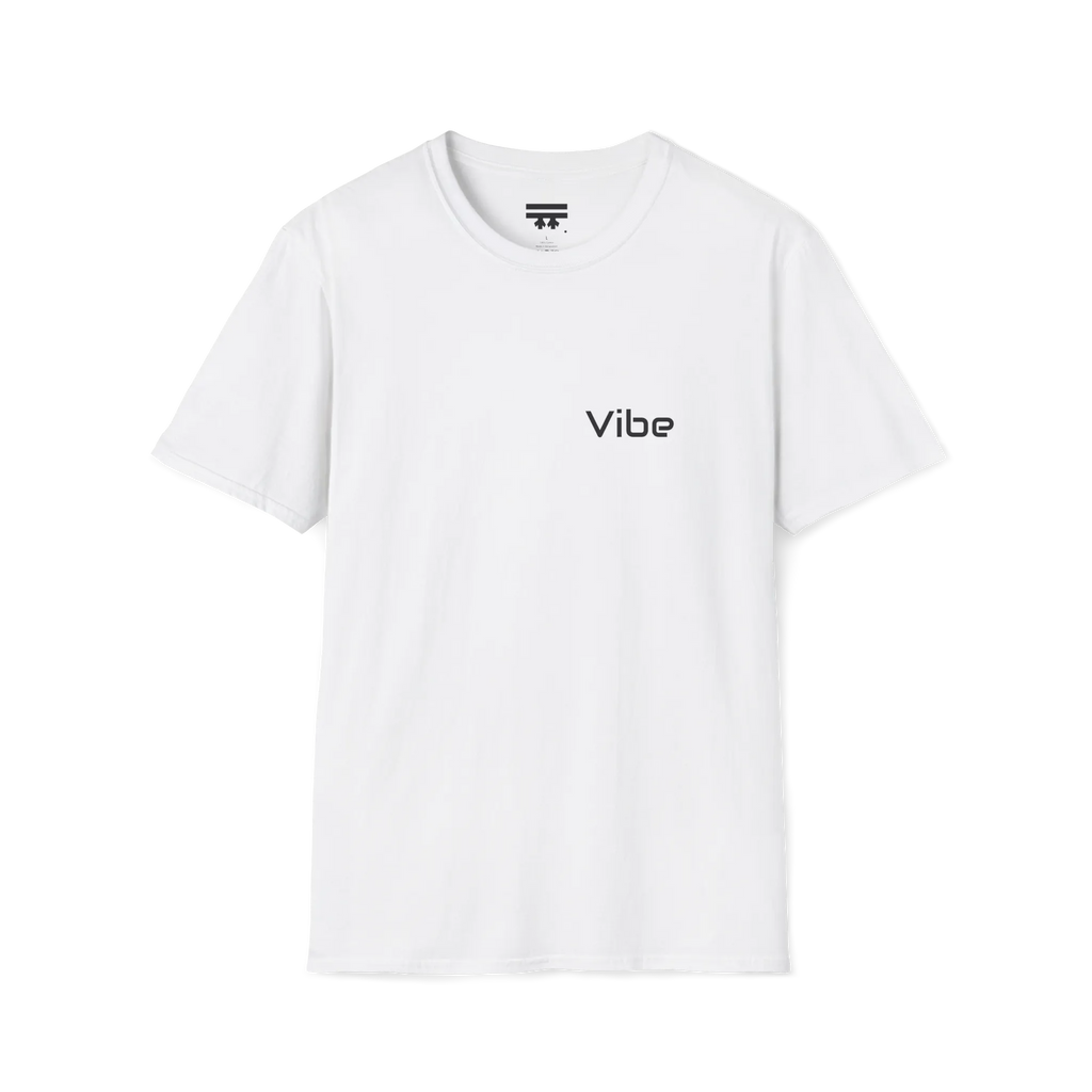 A white t-shirt with a dark 'Vibe' wordmark on the left chest and a black FREEBRD logo on the inner neck label.