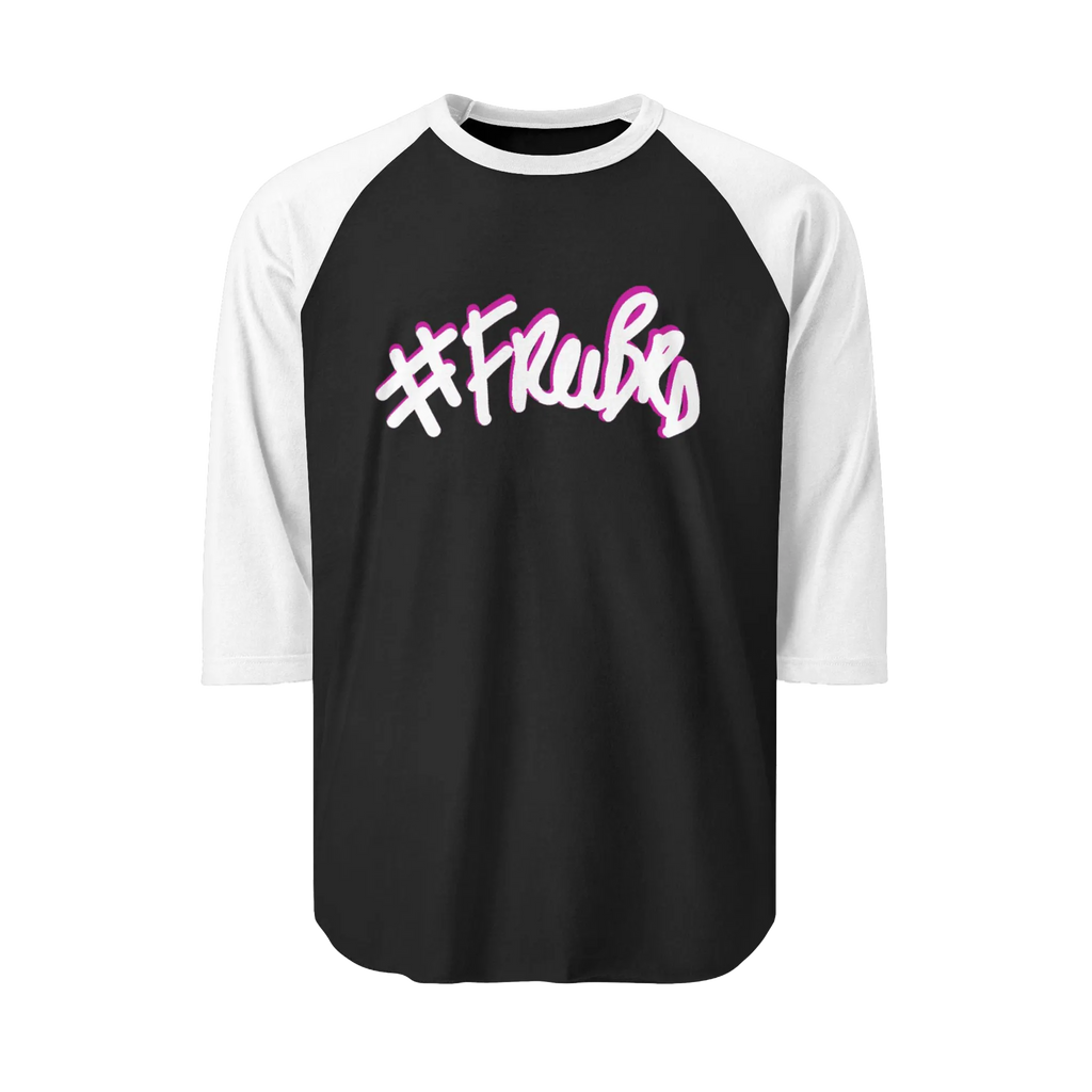 A black raglan tee with white sleeves featuring the #Freebrd graphic in white with a hot pink shadow.