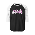 A black raglan tee with white sleeves featuring the #Freebrd graphic in white with a hot pink shadow.