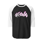 A black raglan tee with white sleeves featuring the #Freebrd graphic in white with a hot pink shadow.