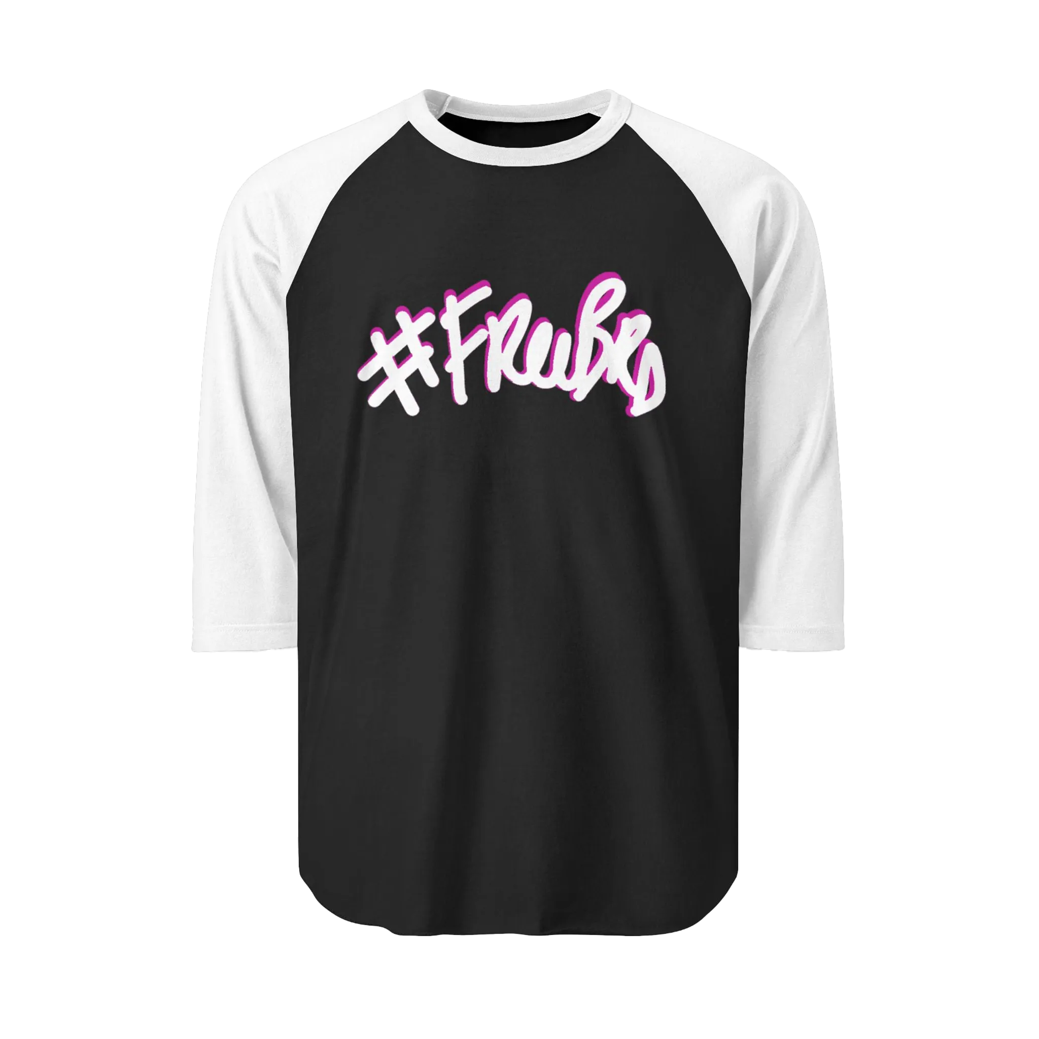 A black raglan tee with white sleeves featuring the #Freebrd graphic in white with a hot pink shadow.