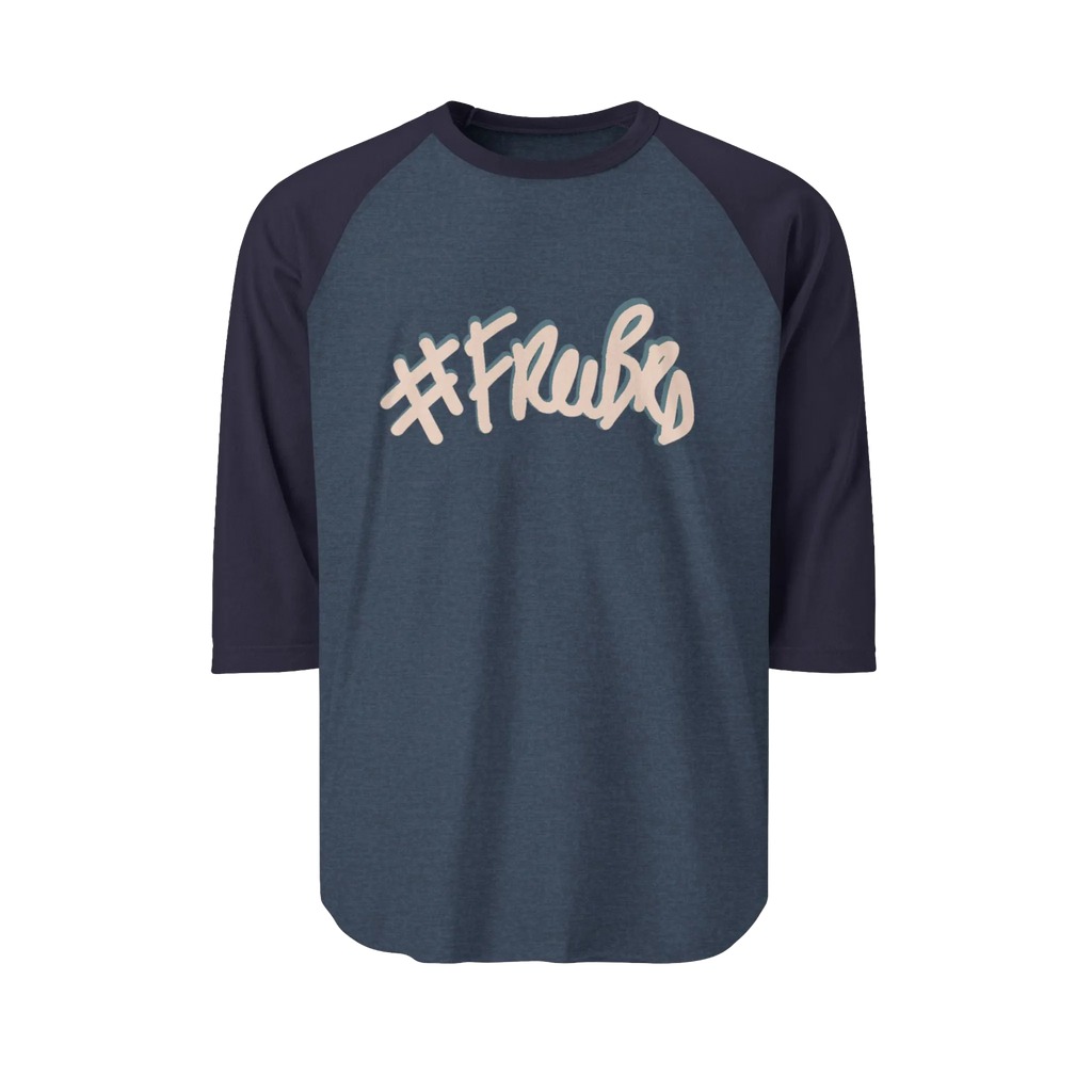 A heather denim raglan tee with navy sleeves featuring the #Freebrd graphic in beige with a light blue shadow.