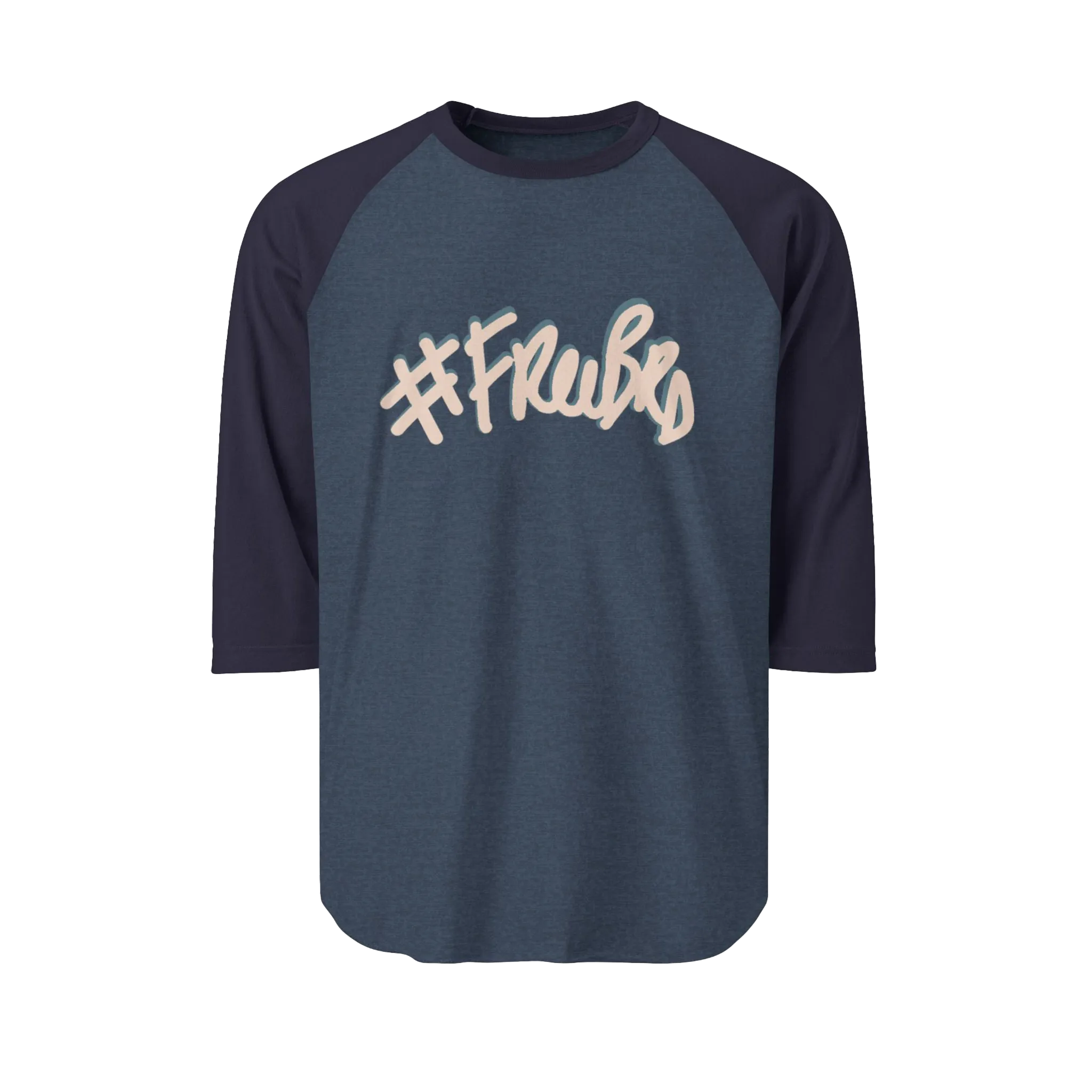 A heather denim raglan tee with navy sleeves featuring the #Freebrd graphic in beige with a light blue shadow.