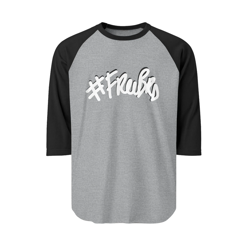 A heather grey raglan tee with black sleeves featuring the #Freebrd graphic in white with a black shadow.