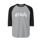 A heather grey raglan tee with black sleeves featuring the #Freebrd graphic in white with a black shadow.