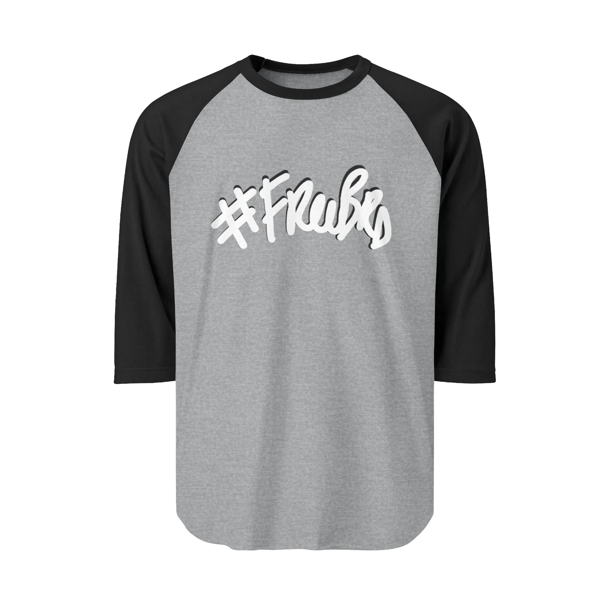 A heather grey raglan tee with black sleeves featuring the #Freebrd graphic in white with a black shadow.