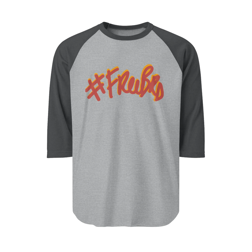 A heather grey raglan tee with charcoal sleeves featuring the #Freebrd graphic in crimson with a mustard yellow shadow.
