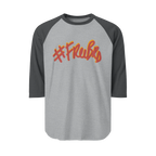 A heather grey raglan tee with charcoal sleeves featuring the #Freebrd graphic in crimson with a mustard yellow shadow.