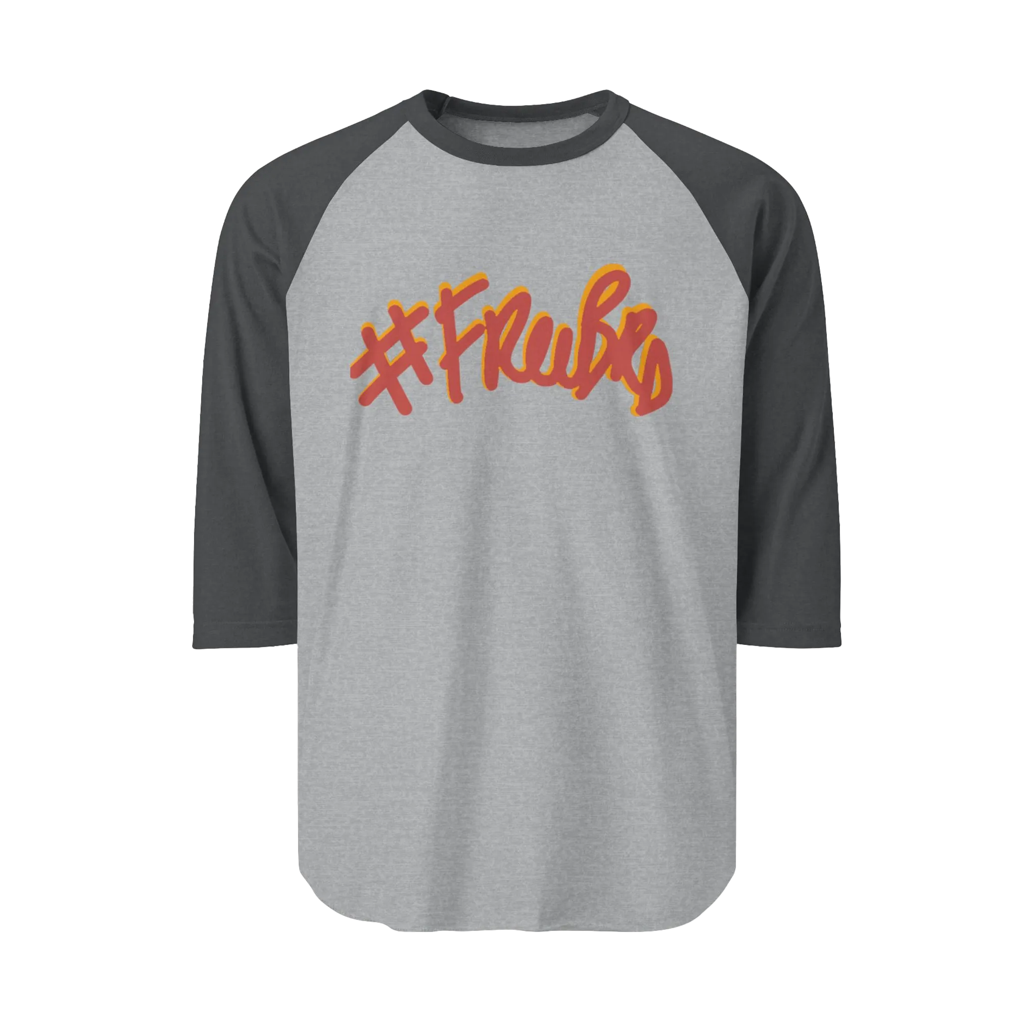 A heather grey raglan tee with charcoal sleeves featuring the #Freebrd graphic in crimson with a mustard yellow shadow.