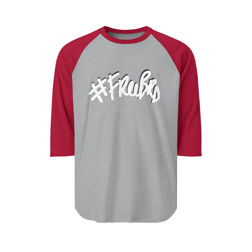 A heather grey raglan tee with red sleeves featuring the #Freebrd graphic in white with a black shadow.