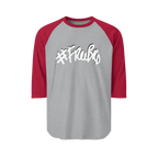 A heather grey raglan tee with red sleeves featuring the #Freebrd graphic in white with a black shadow.