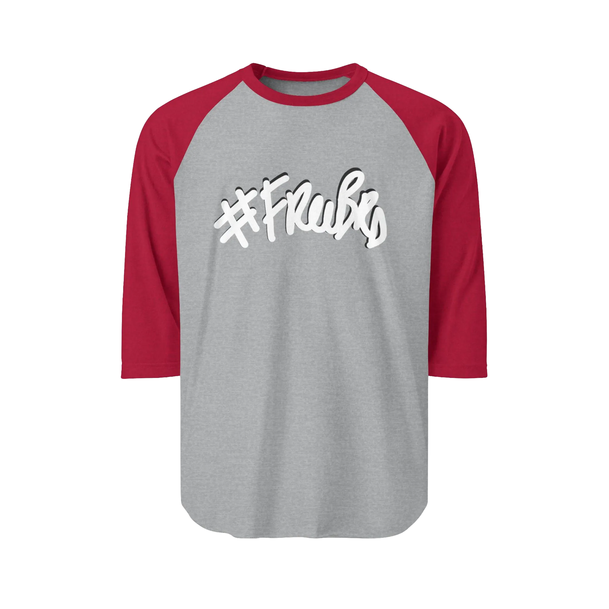 A heather grey raglan tee with red sleeves featuring the #Freebrd graphic in white with a black shadow.