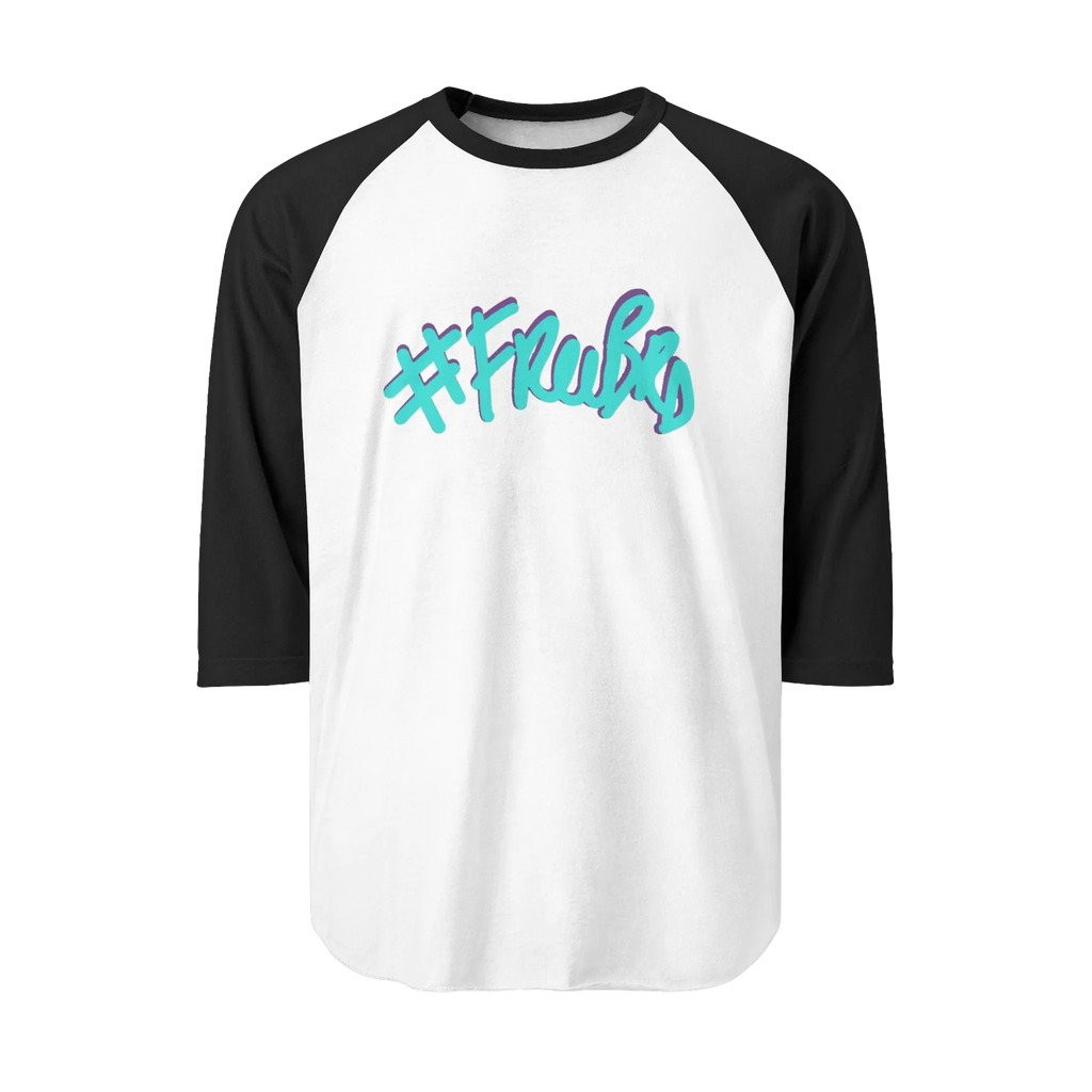 A white raglan tee with black sleeves featuring the #Freebrd graphic in teal with a purple shadow.