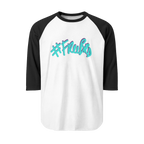 A white raglan tee with black sleeves featuring the #Freebrd graphic in teal with a purple shadow.