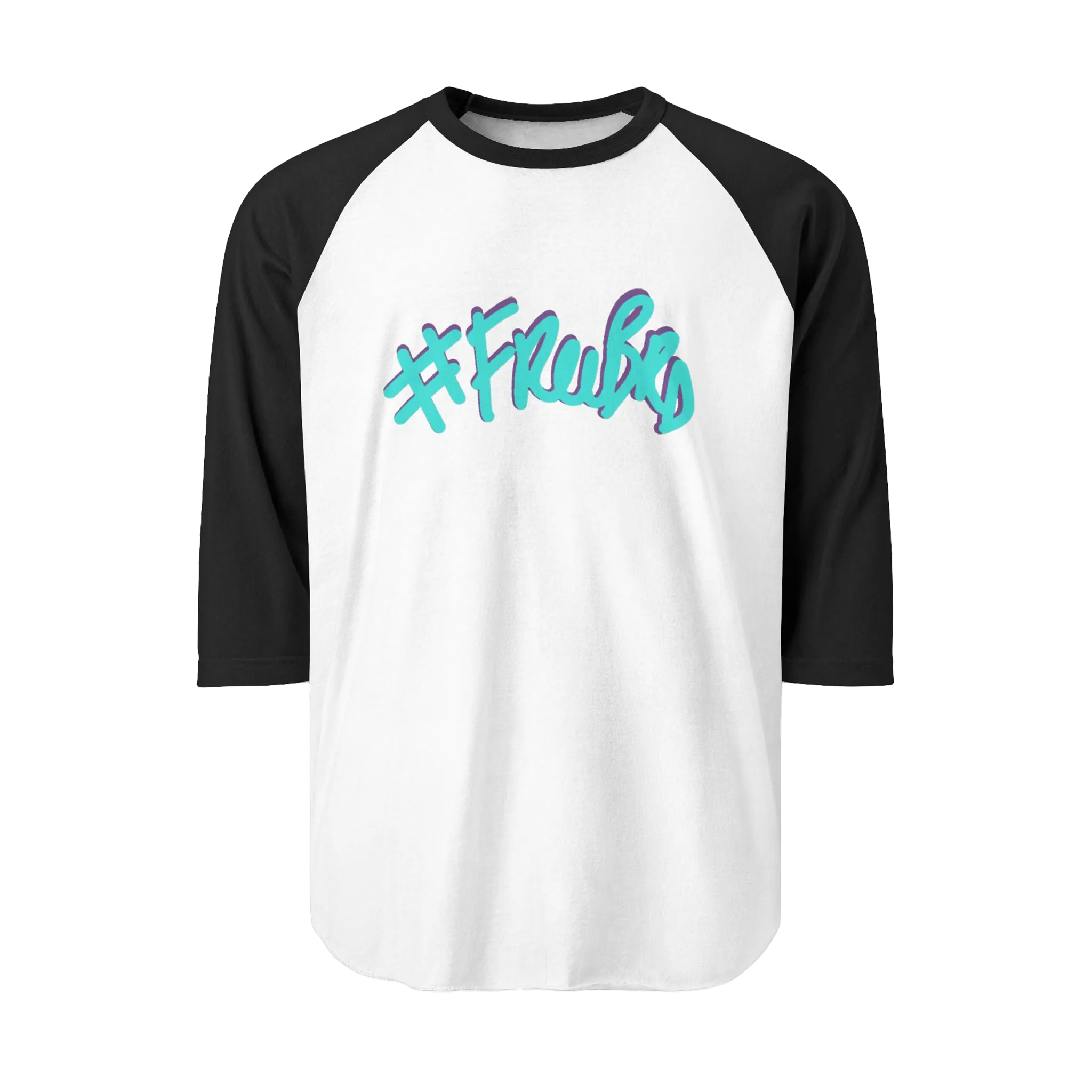 A white raglan tee with black sleeves featuring the #Freebrd graphic in teal with a purple shadow.