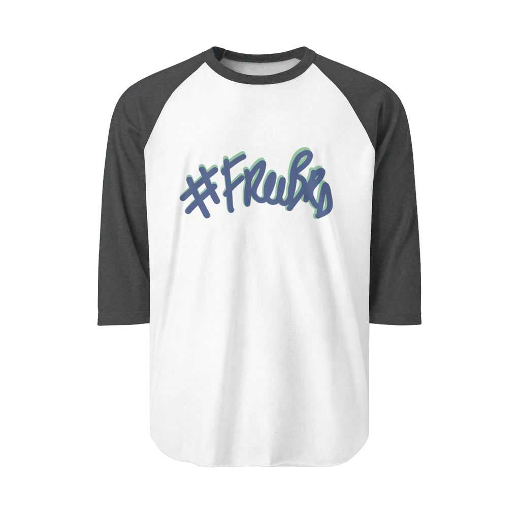 A white raglan tee with heather charcoal sleeves featuring the #Freebrd graphic in navy with a teal shadow.