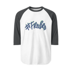 A white raglan tee with heather charcoal sleeves featuring the #Freebrd graphic in navy with a teal shadow.