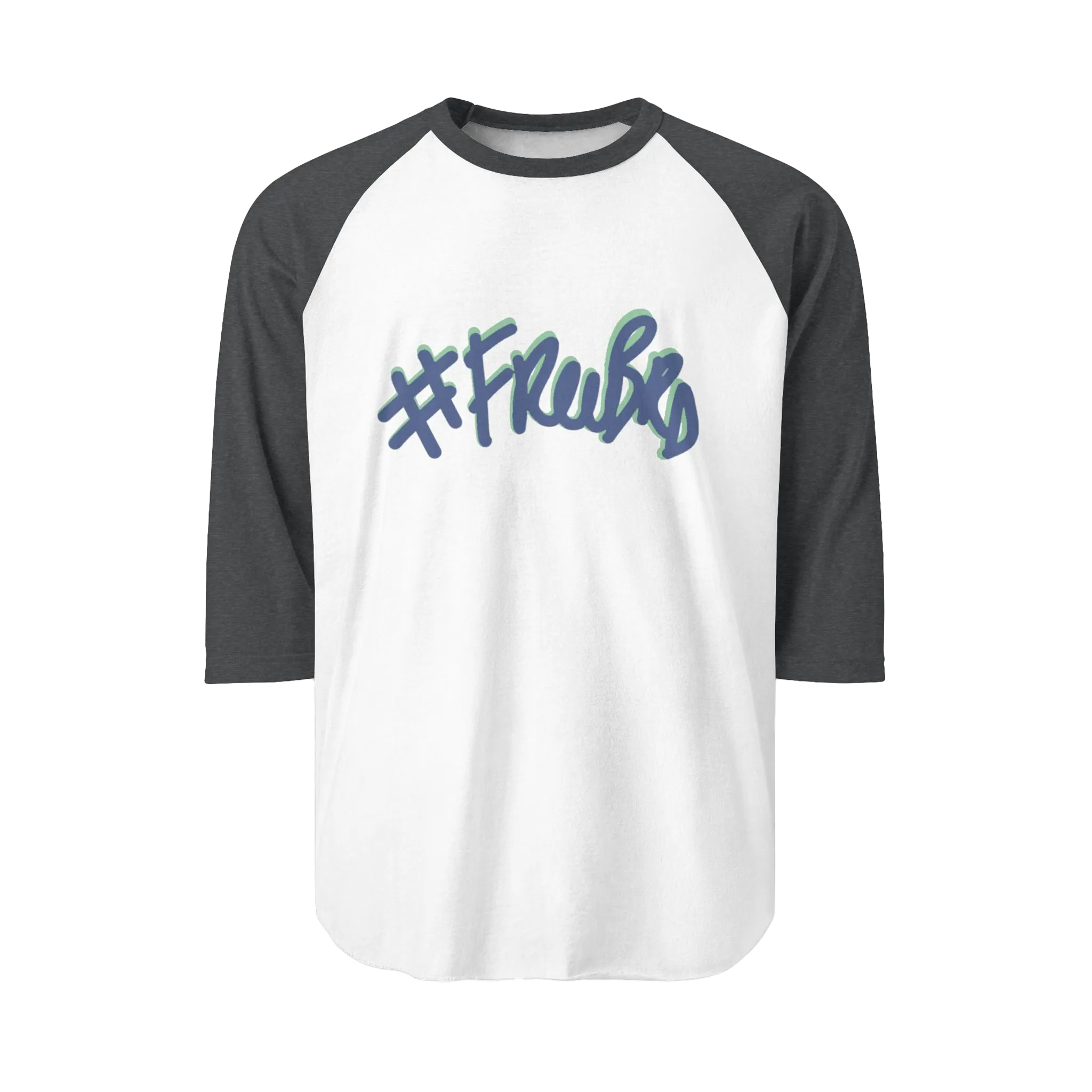 A white raglan tee with heather charcoal sleeves featuring the #Freebrd graphic in navy with a teal shadow.