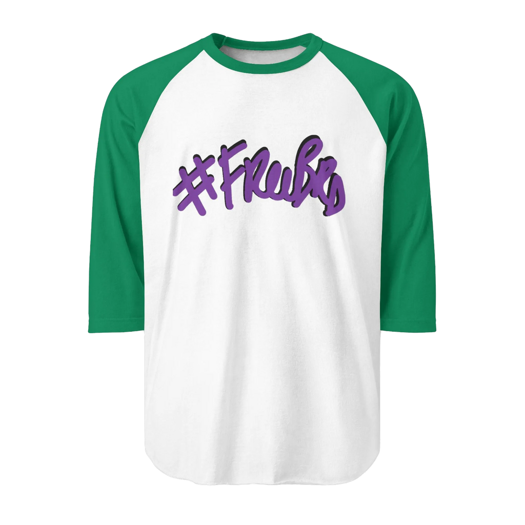 A white raglan tee with Kelly green sleeves featuring the #Freebrd graphic in purple with a black shadow.