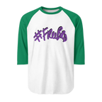 A white raglan tee with Kelly green sleeves featuring the #Freebrd graphic in purple with a black shadow.