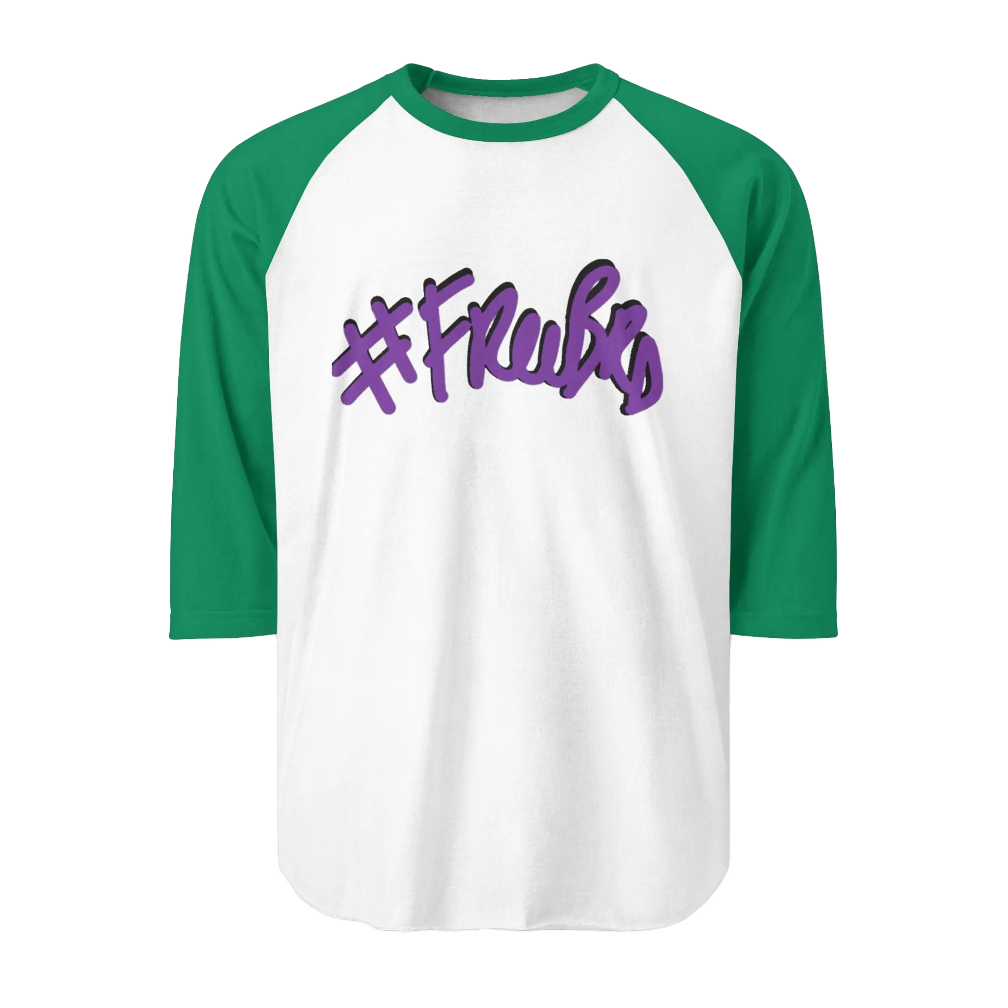 A white raglan tee with Kelly green sleeves featuring the #Freebrd graphic in purple with a black shadow.