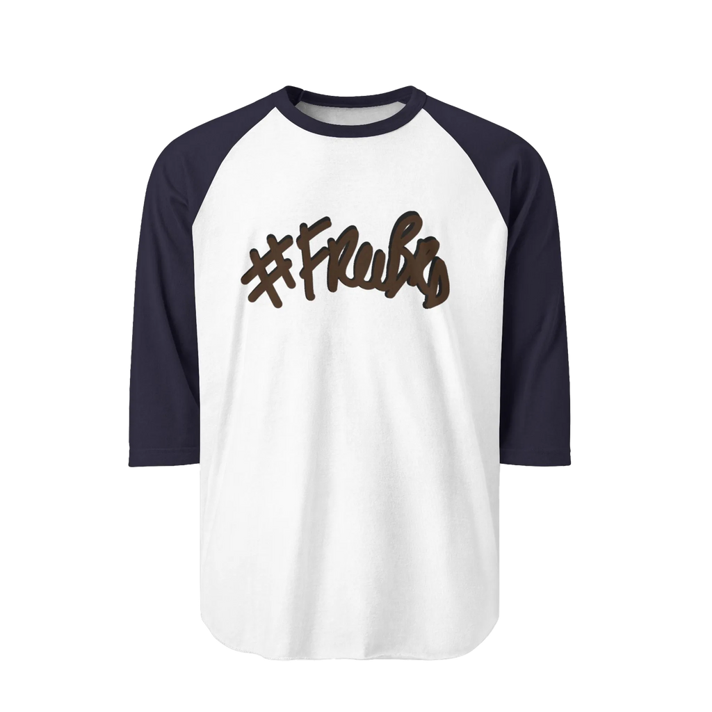 A white raglan tee with navy sleeves featuring the #Freebrd graphic in brown with a black shadow.