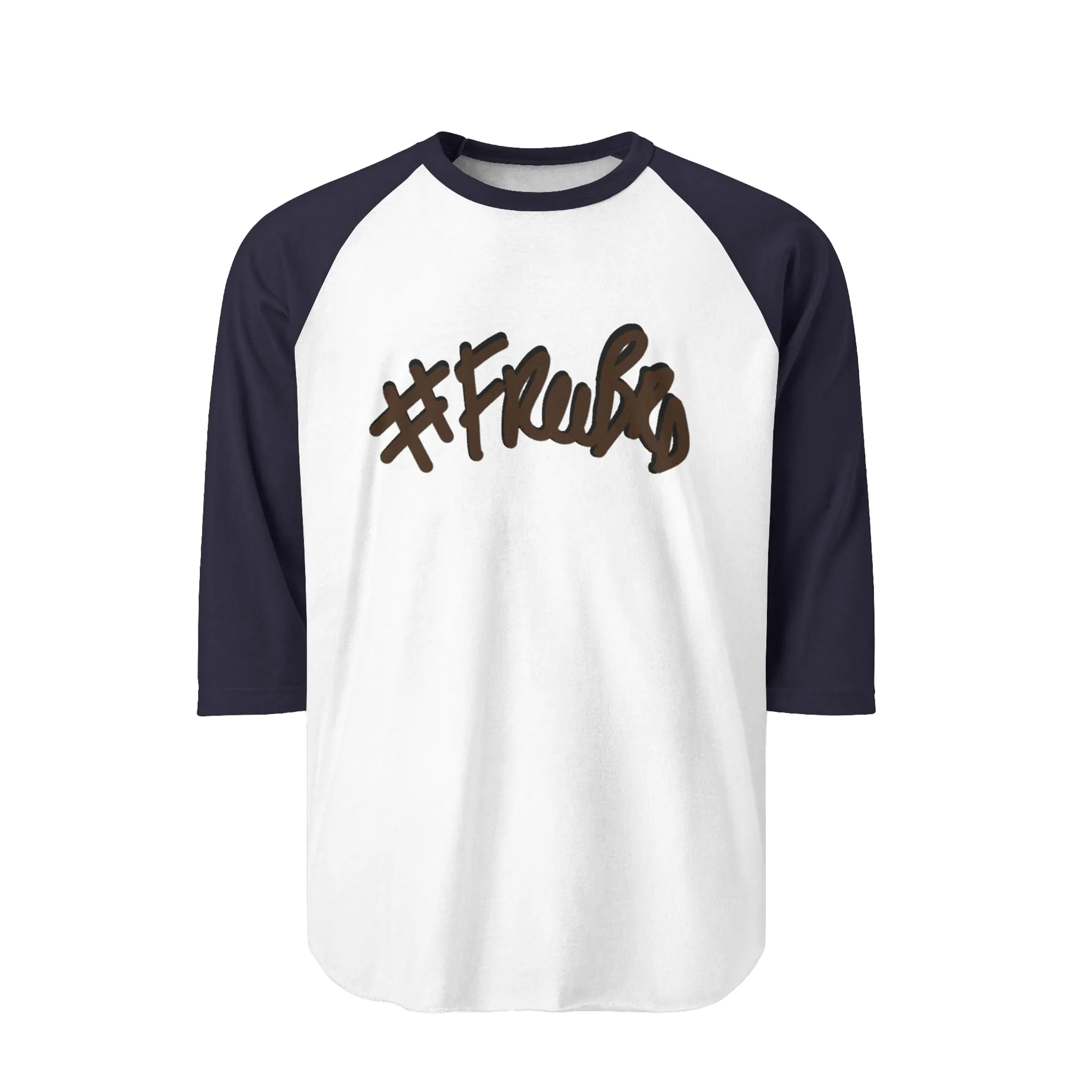 A white raglan tee with navy sleeves featuring the #Freebrd graphic in brown with a black shadow.