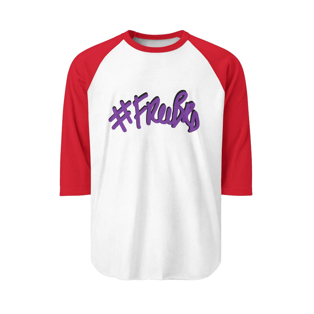 A white raglan tee with red sleeves featuring the #Freebrd graphic in purple with a black shadow.