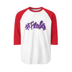 A white raglan tee with red sleeves featuring the #Freebrd graphic in purple with a black shadow.