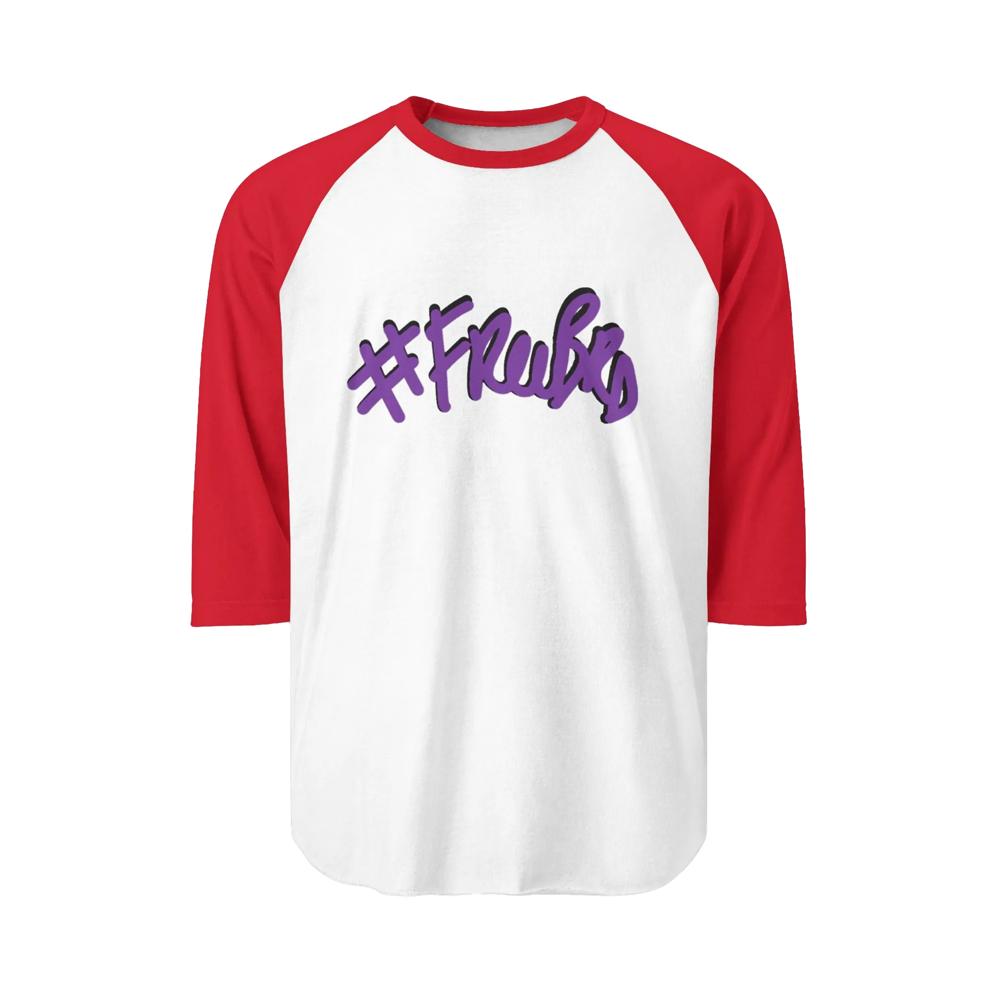 A white raglan tee with red sleeves featuring the #Freebrd graphic in purple with a black shadow.