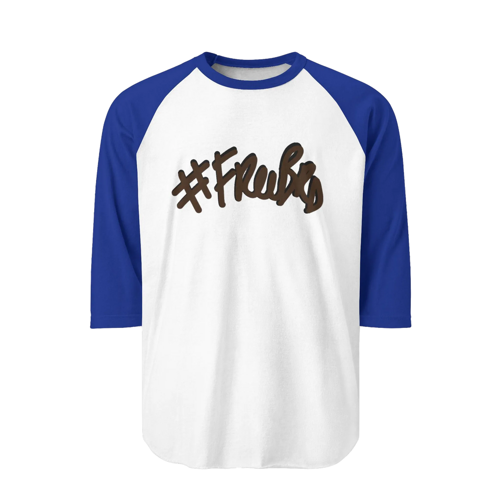 A white raglan tee with royal blue sleeves featuring the #Freebrd graphic in brown with a black shadow.