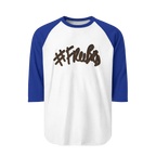 A white raglan tee with royal blue sleeves featuring the #Freebrd graphic in brown with a black shadow.