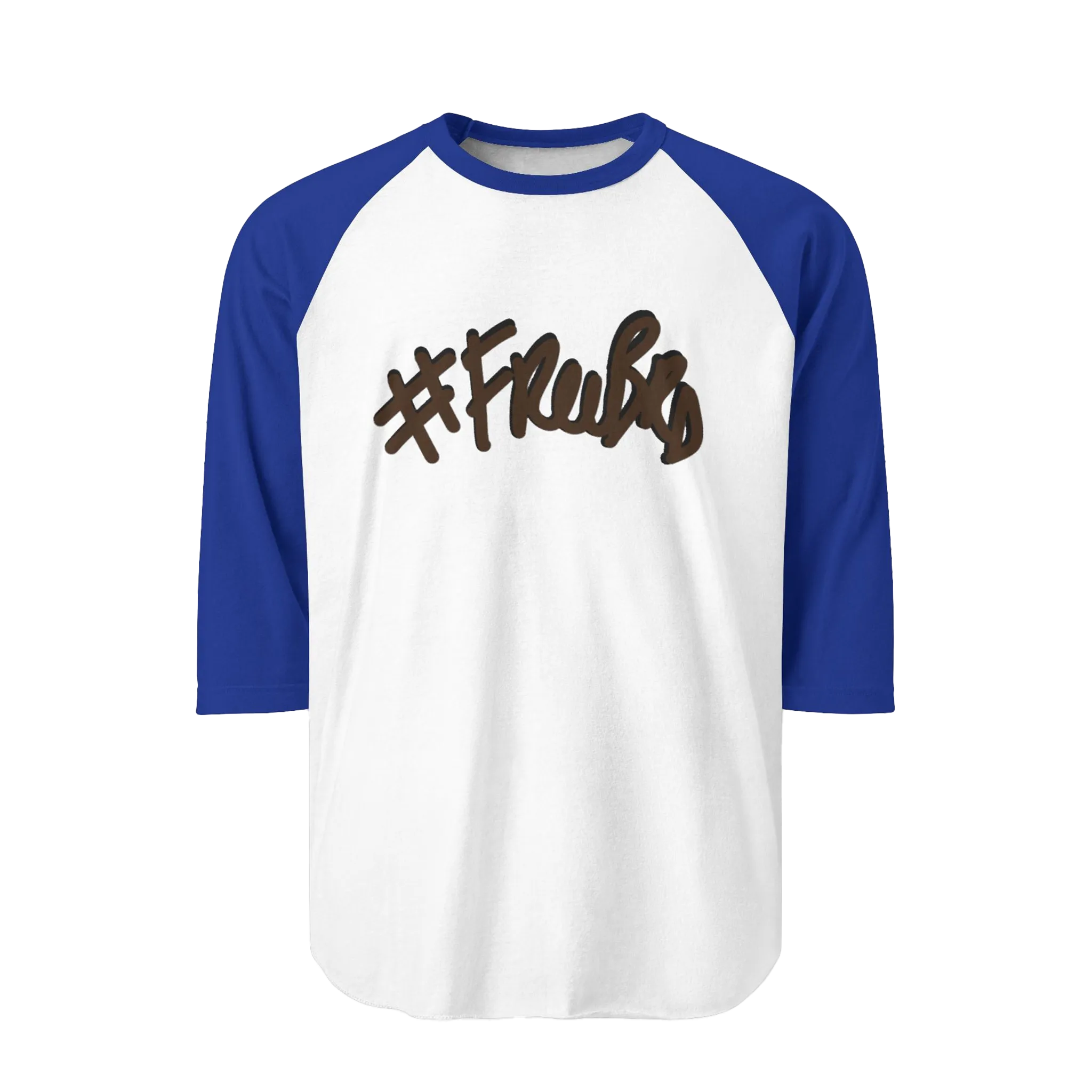 A white raglan tee with royal blue sleeves featuring the #Freebrd graphic in brown with a black shadow.