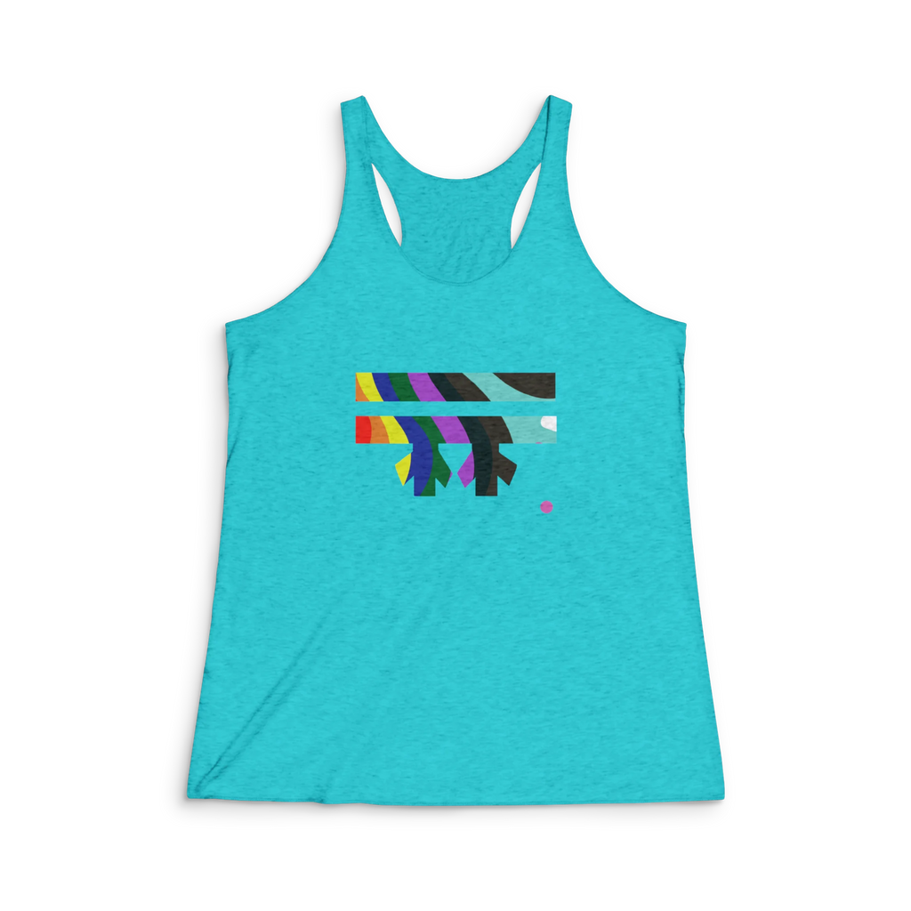 Tahiti blue tri-blend racerback tank, abstract rainbow wave FREEBRD graphic, slim fit, front view.
