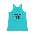 Tahiti blue tri-blend racerback tank, abstract rainbow wave FREEBRD graphic, slim fit, front view.
